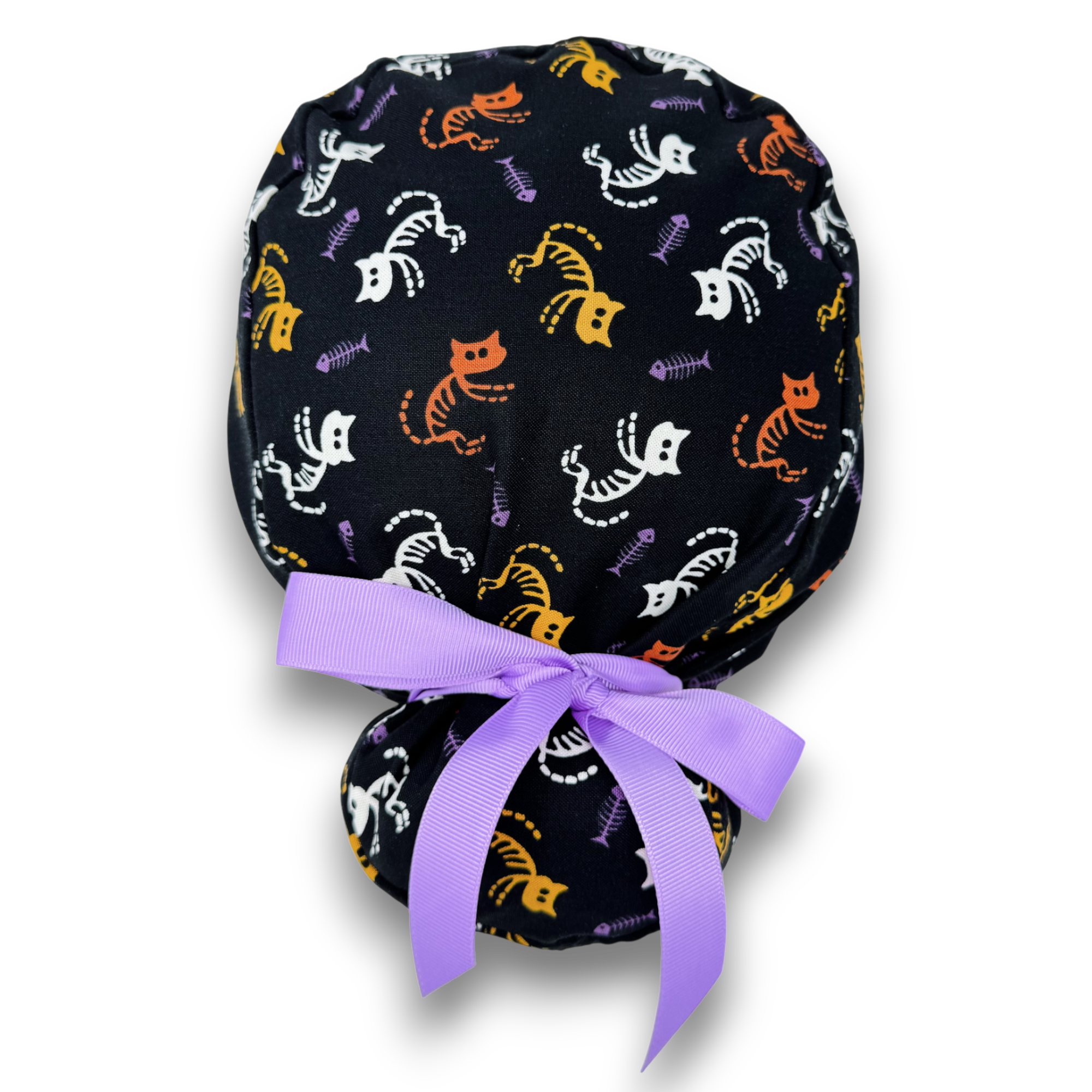 Skeleton Cat Euro scrub cap with ties for Women by Paradise Caps. Euro PLUS style.