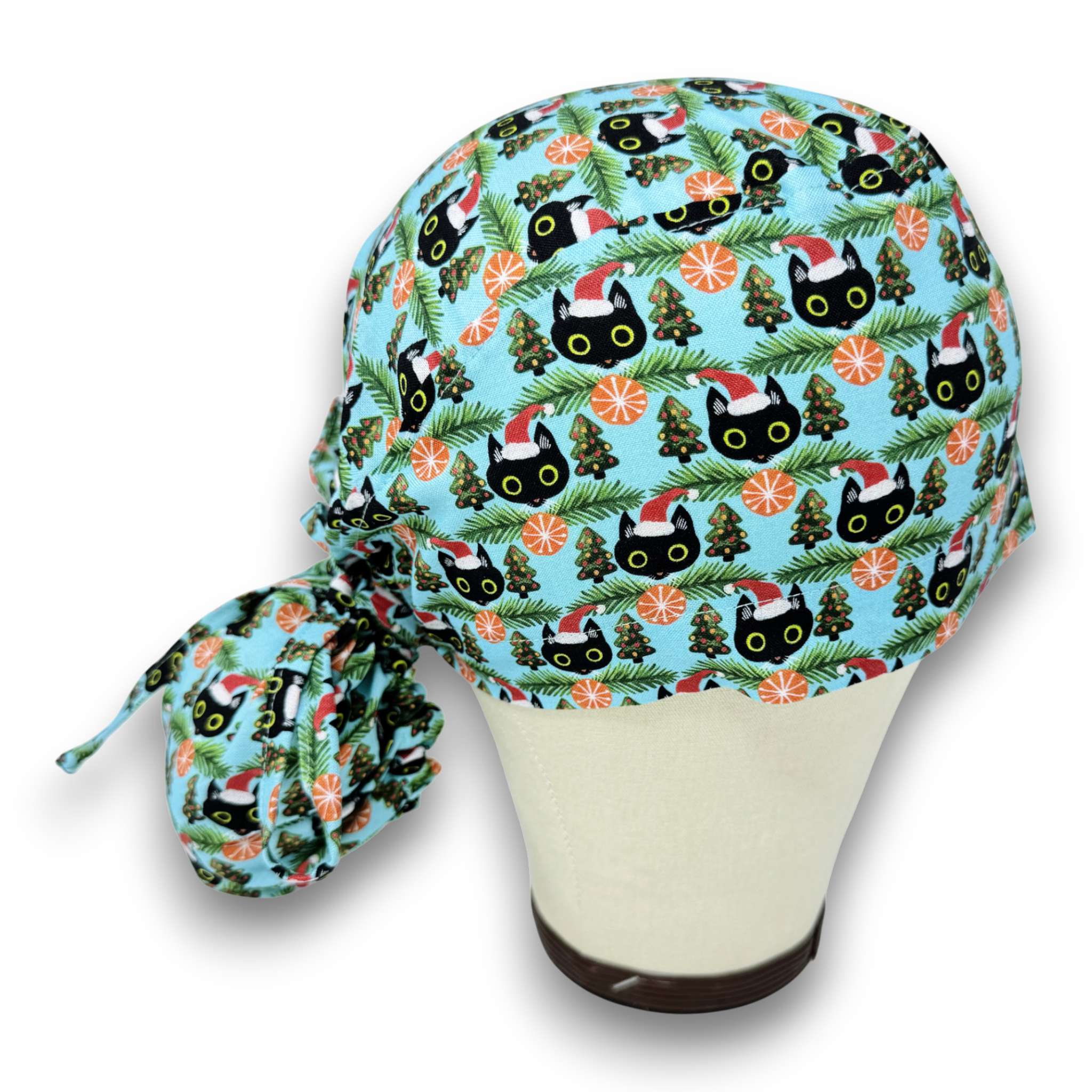 Christmas Cat Ponytail scrub cap for women with satin lined option by Paradise Caps.