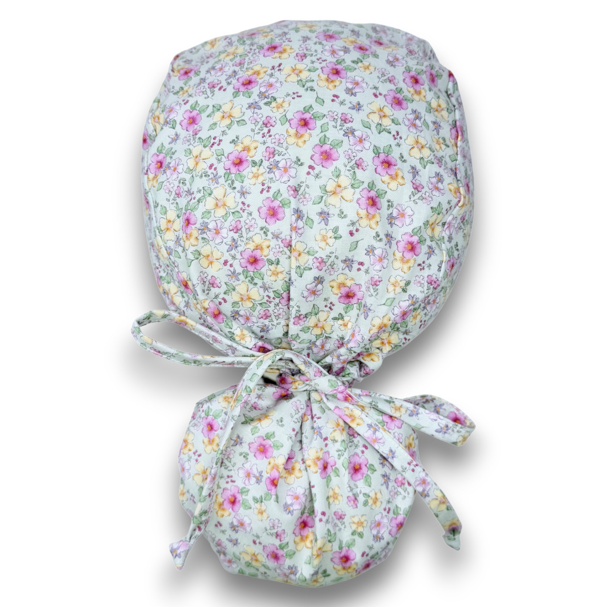 Floral Ponytail scrub cap for women with satin lined option by Paradise Caps.