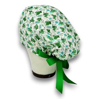 Frog Euro scrub cap with ties for Women. Jungle European Surgical cap with Satin Lined Option by Paradise Caps. Euro PLUS style.