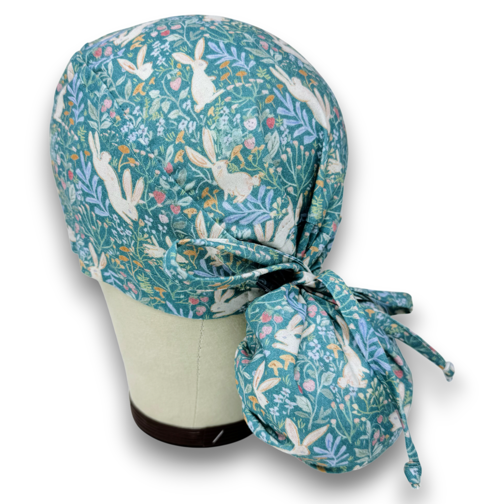 Ponytail scrub cap for women. Bunny Garden Satin Lined Option Surgical hat with ponytail by Paradise Caps. Easter.