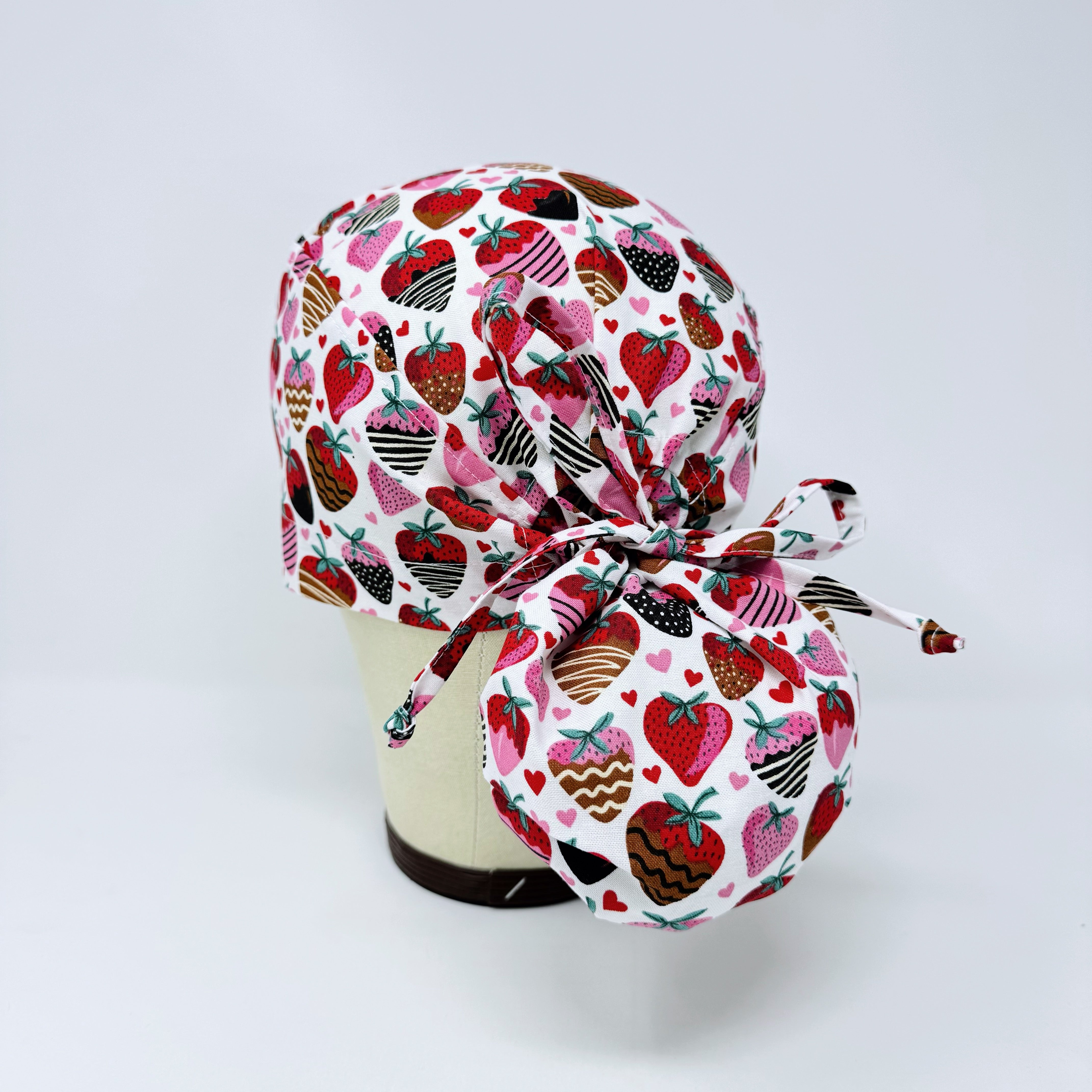 Valentine's day Ponytail scrub cap for women with Satin Lined option by Paradise Caps. Strawberry scrub cap.