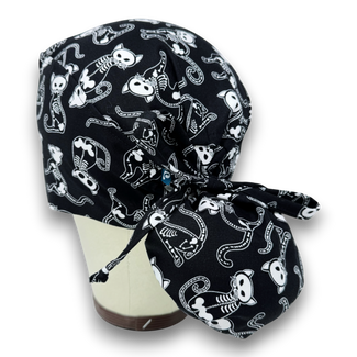 Skeleton Cats Ponytail scrub cap for women with satin lined option by Paradise Caps.