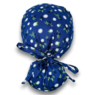 Ponytail scrub cap for women. Navy Daisy surgical hat for women with satin lined option by Paradise Caps.