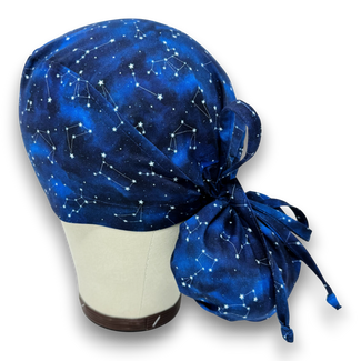Ponytail scrub cap with satin lined option. Constellation Blue Scrub hat for women by Paradise Caps.