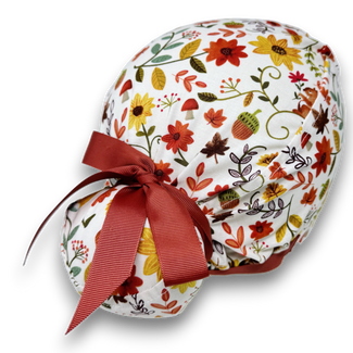 Fall flower Euro scrub cap with ties for Women, European Surgical cap with Satin Lined Option by Paradise Caps. Euro PLUS style.