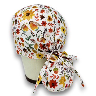 Fall flower Ponytail scrub cap for women. Satin Lined Option Surgical cap with ponytail by Paradise Caps.