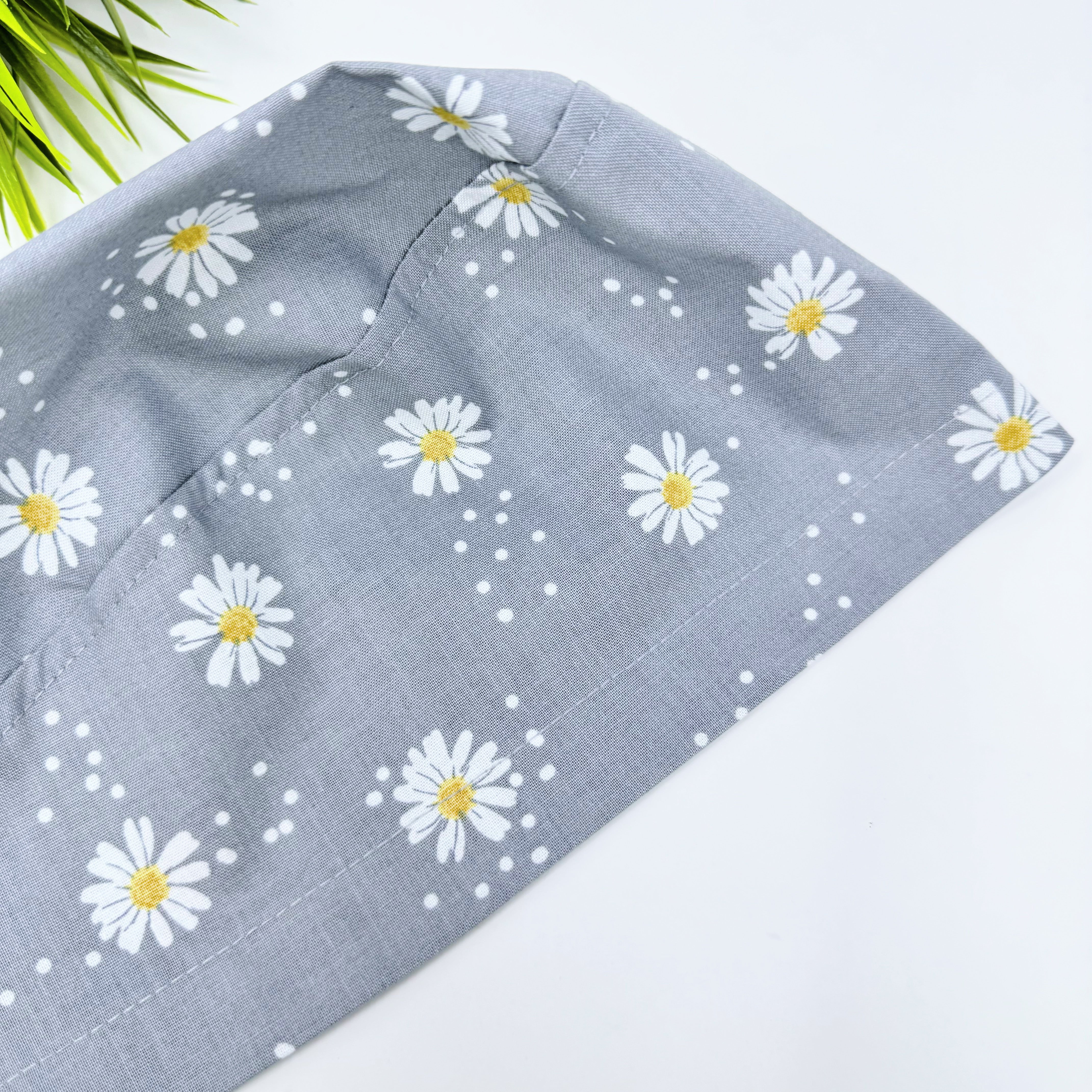 Gray Daisy Dots Skull tie-back style surgical scrub cap for men by Paradise Caps.