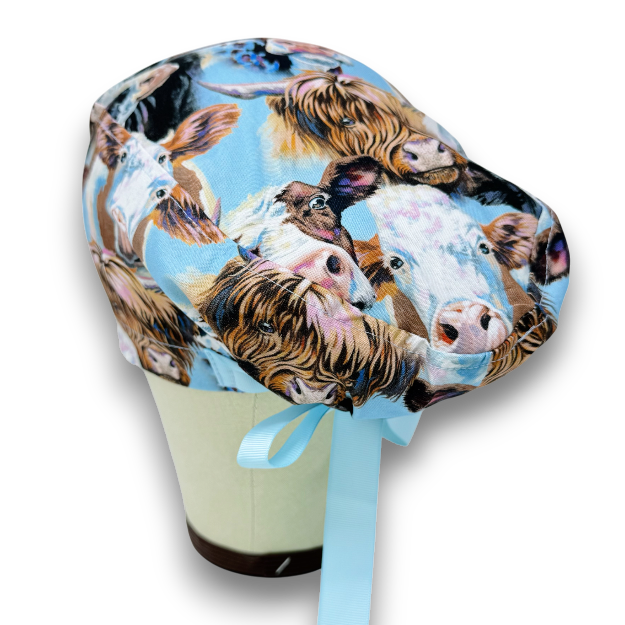 Cow Euro scrub cap with ties for Women by Paradise Caps. Euro PLUS style.