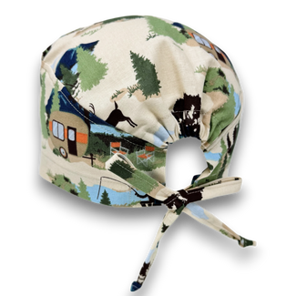 Camping Skull tie-back style surgical scrub cap for men by Paradise Caps.