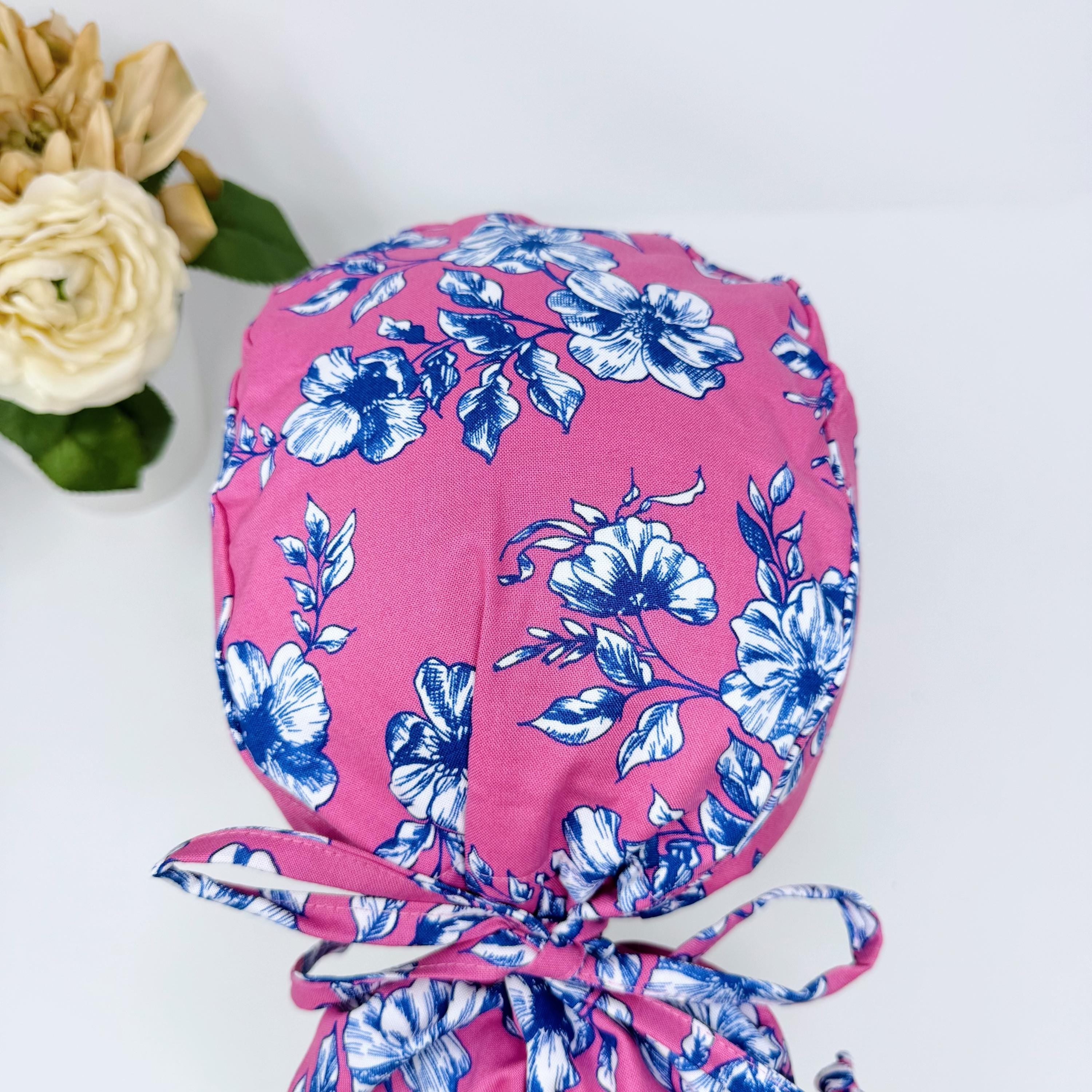 Blue Flowers Ponytail scrub cap women. Surgical cap ponytail with Satin Lined option by Paradise Caps.