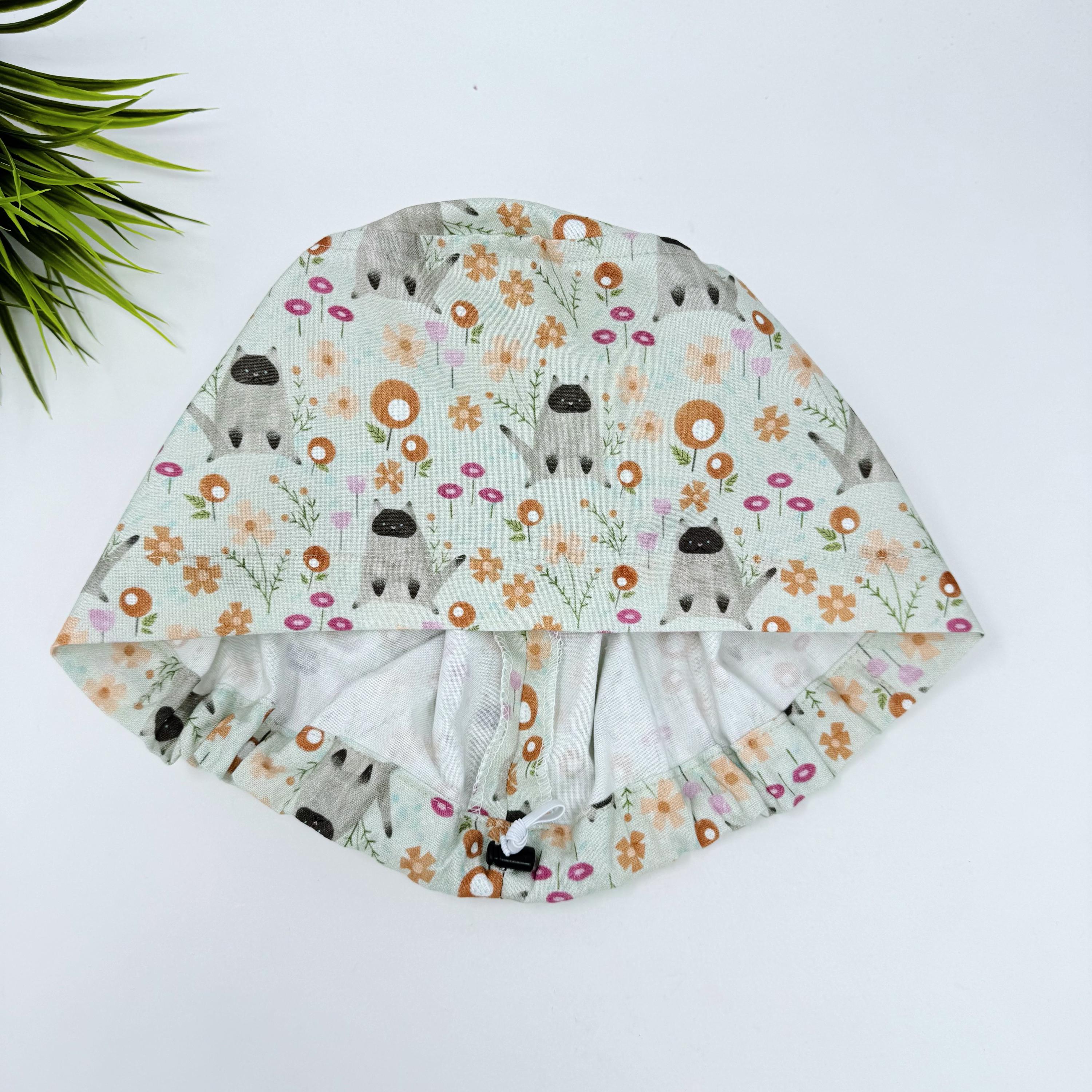 Cat Euro scrub cap for women, Summer surgical cap with satin lined by Paradise Caps.