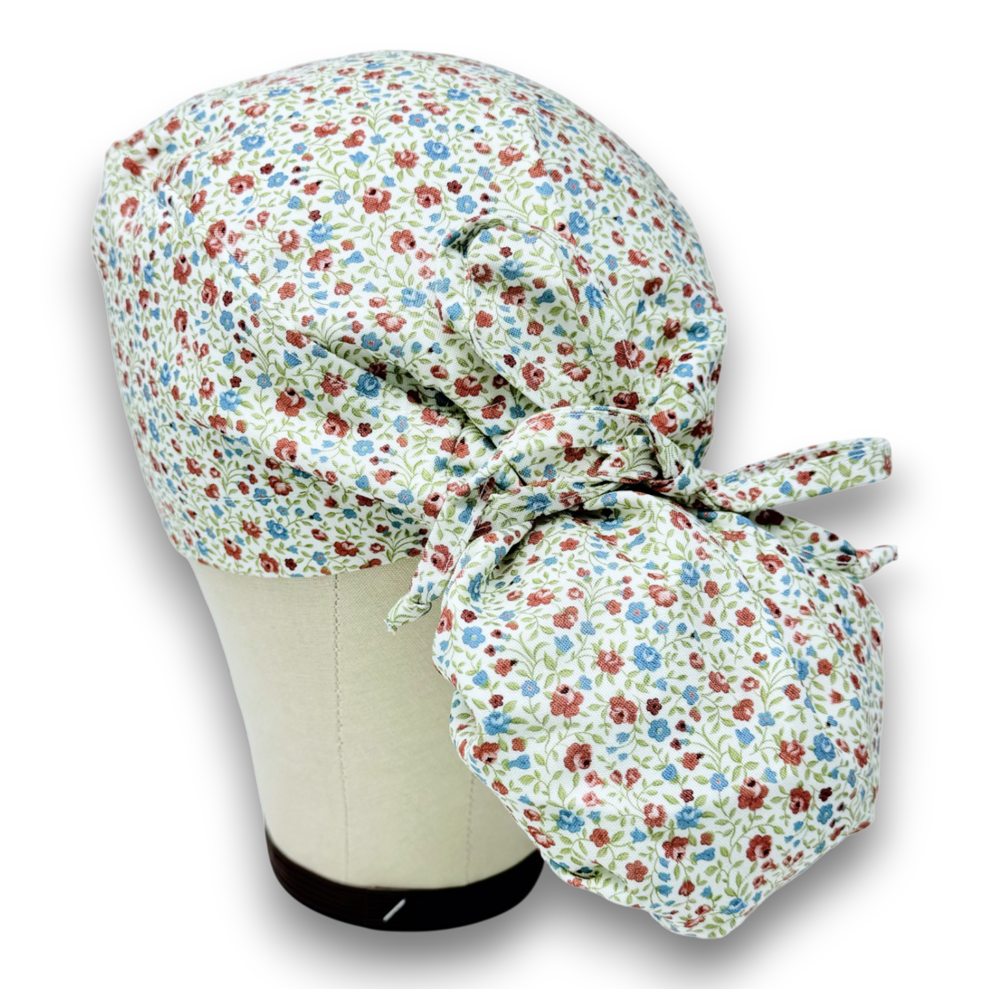 Red Blue Ponytail scrub cap for women with satin lined option by Paradise Caps.