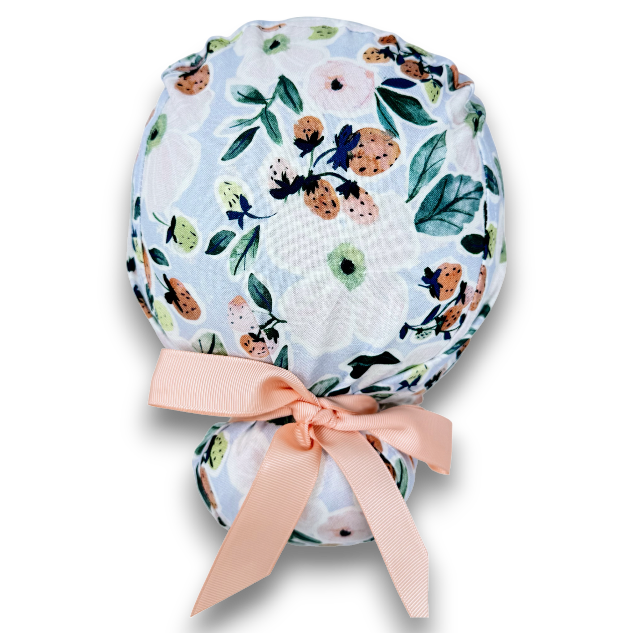 Euro scrub cap with ties for Women, Strawberry Bloom European Surgical cap with Satin Lined by Paradise Caps. Euro PLUS style.