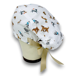 Euro scrub cap with ties for Women. Funny dogs European Surgical hat with Satin Lined Option by Paradise Caps. Euro PLUS style.