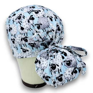 Sheep Ponytail scrub cap for women with satin lined option by Paradise Caps.