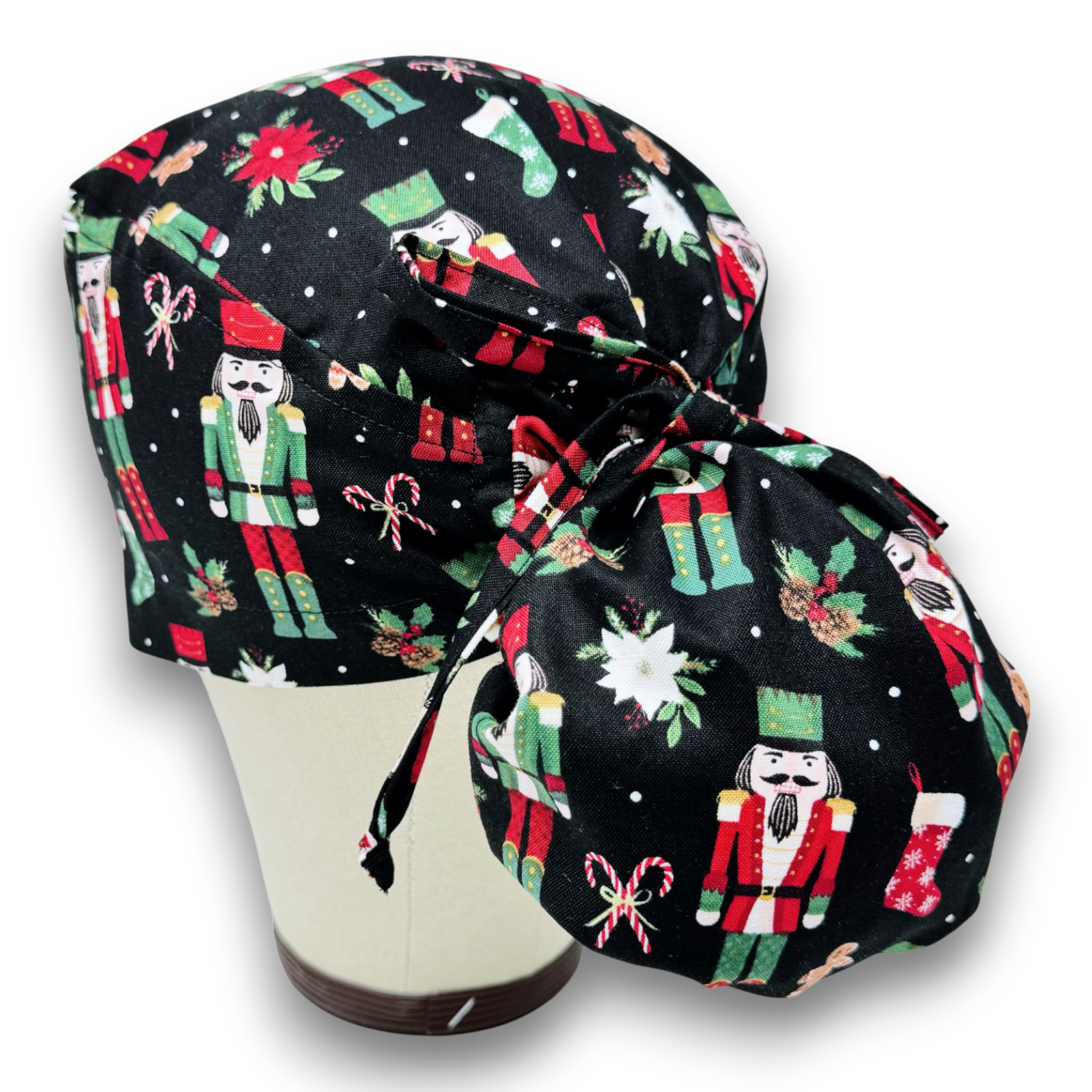 Christmas Nutcracker Ponytail scrub cap for women with satin lined option by Paradise Caps.
