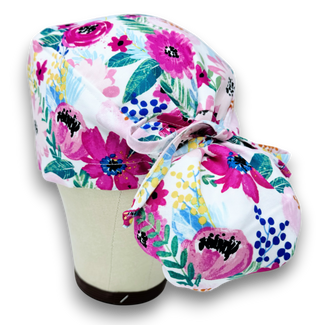 Floral Ponytail scrub cap for women with satin lined option by Paradise Caps.