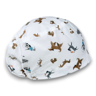 Euro scrub cap for women. Funny dogs surgical hat with satin lined option by Paradise Caps.