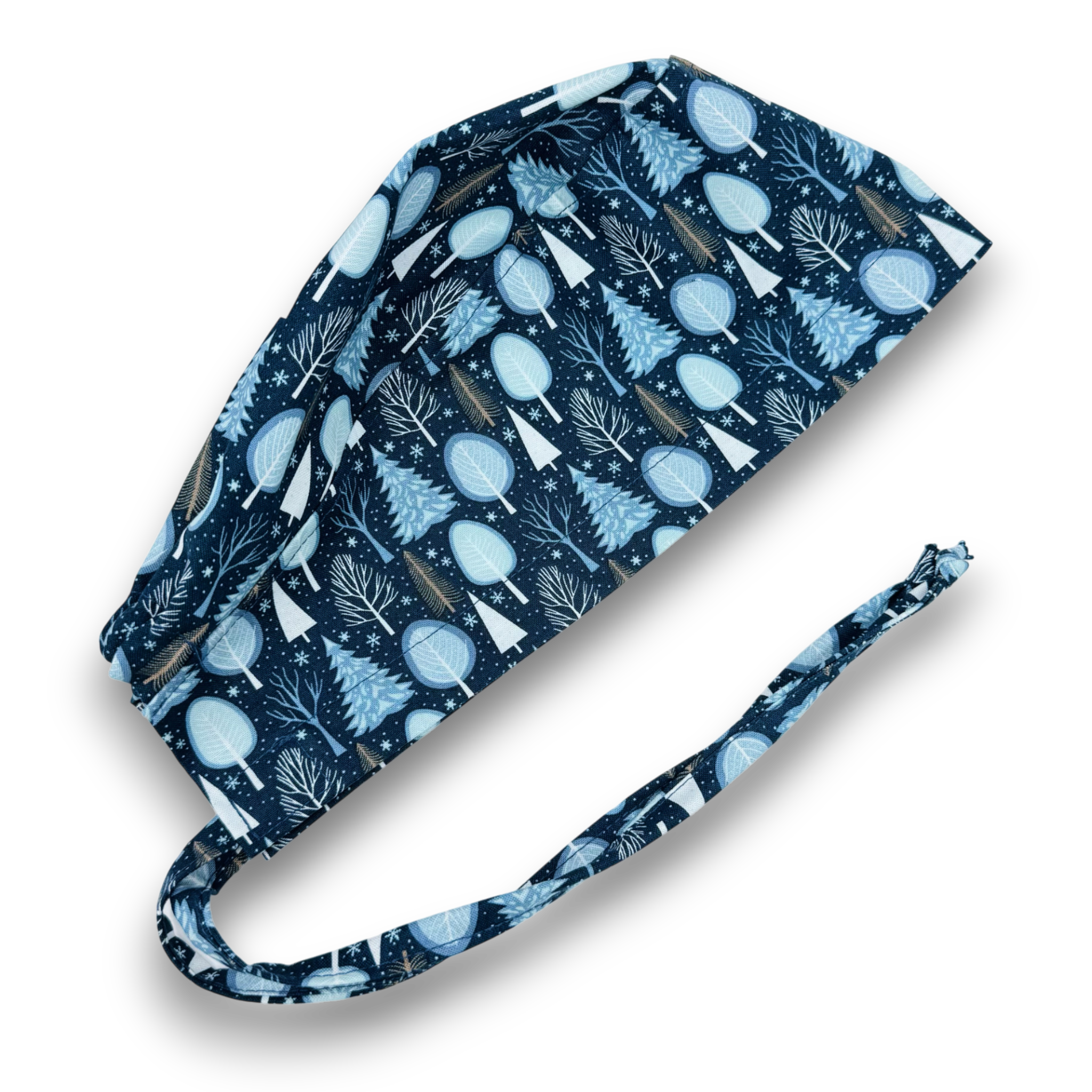 Christmas surgical scrub cap for men. Winter tree skull tie-back style surgical scrub cap by Paradise Caps. Blue.
