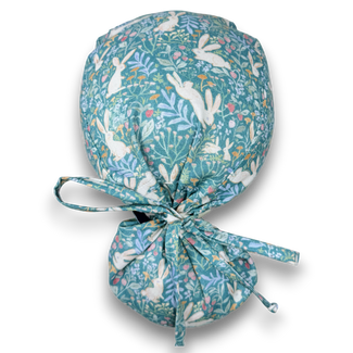 Ponytail scrub cap for women. Bunny Garden Satin Lined Option Surgical hat with ponytail by Paradise Caps. Easter.