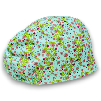 Pink Flower Euro Scrub Cap for Women, Surgical hat with Satin Lined Option by Paradise Caps.