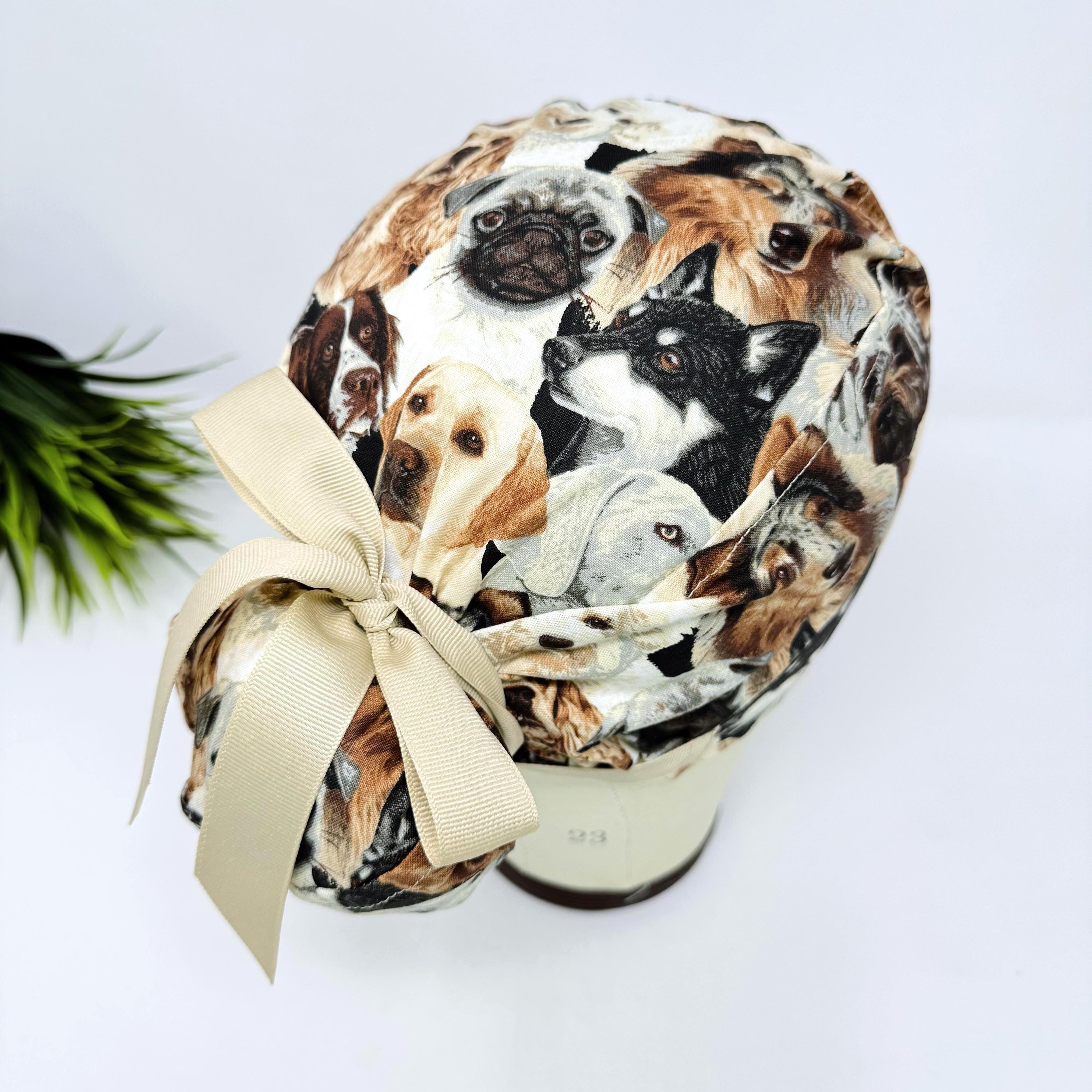 Dog Euro scrub cap with ties for Women, European Surgical cap with Satin Lined Option by Paradise Caps. Euro PLUS style.