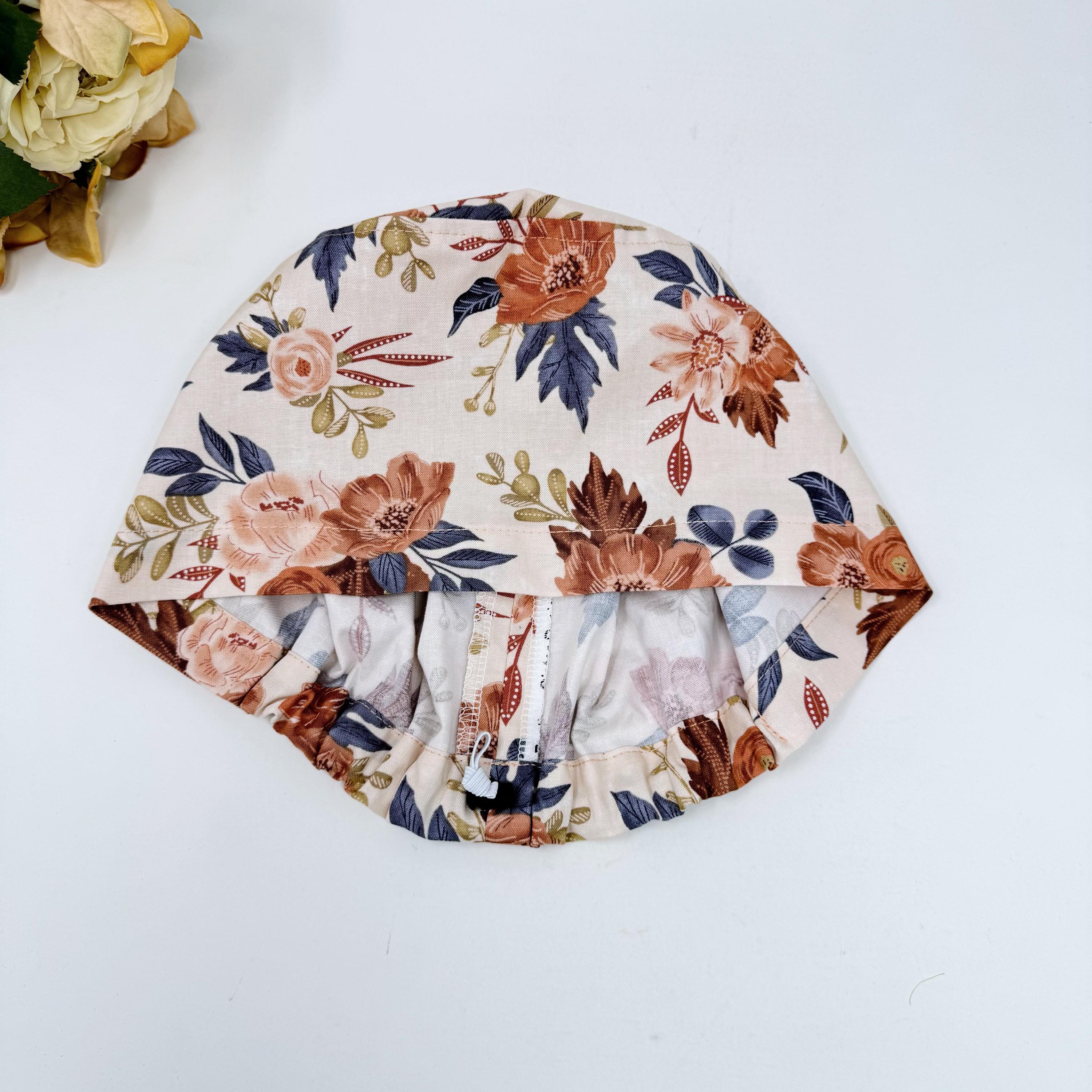 Floral Euro scrub cap for women. Fall European satin lined surgical cap by Paradise Caps.