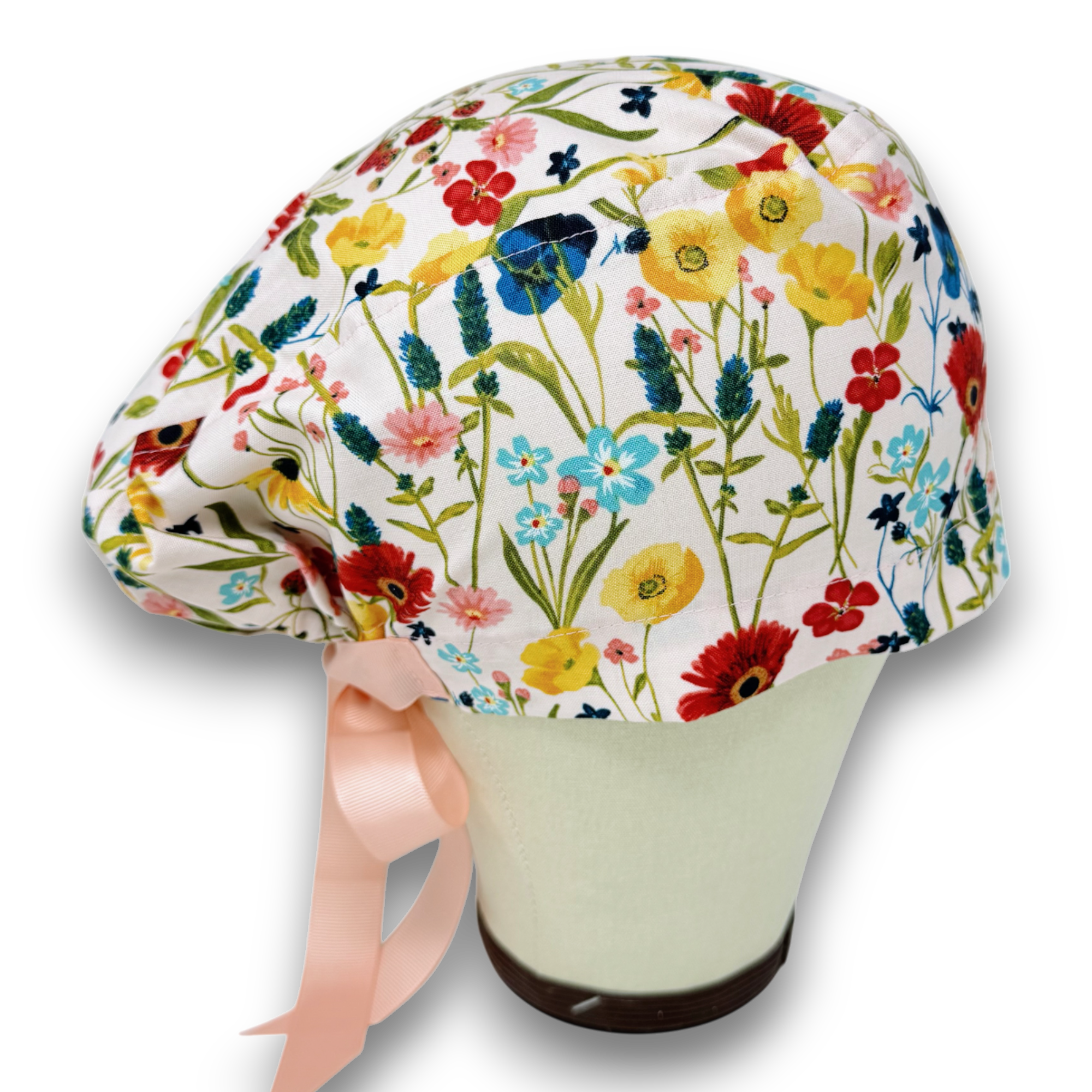 Red flower Euro scrub cap with ties for Women by Paradise Caps. Euro PLUS style.