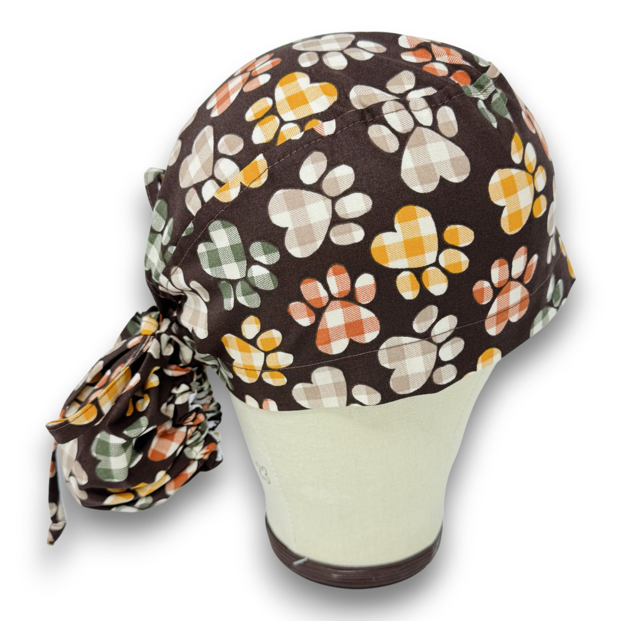 Fall Plaid Paw Print Ponytail scrub cap for women with satin lined option by Paradise Caps.