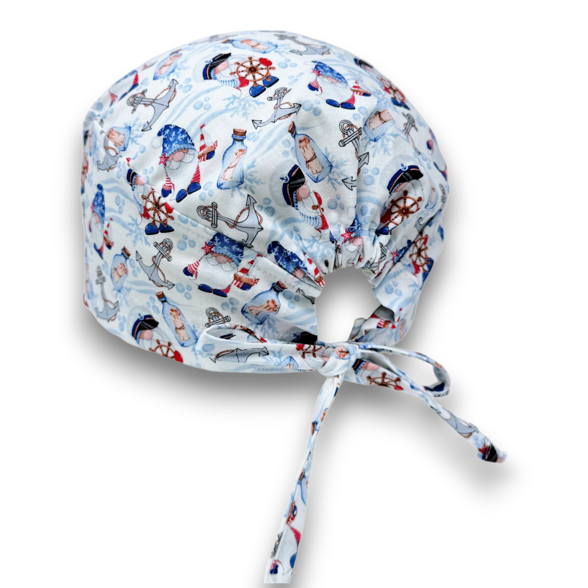 Gnome skull tie-back style surgical scrub cap by Paradise Caps.