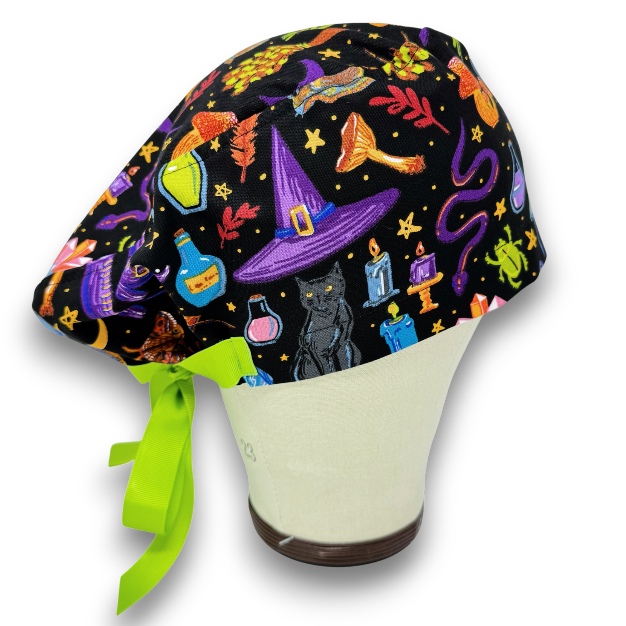Halloween Witchy Icons Euro PLUS style with ties Scrub Cap for Women, European Surgical cap with Satin Lined Option.