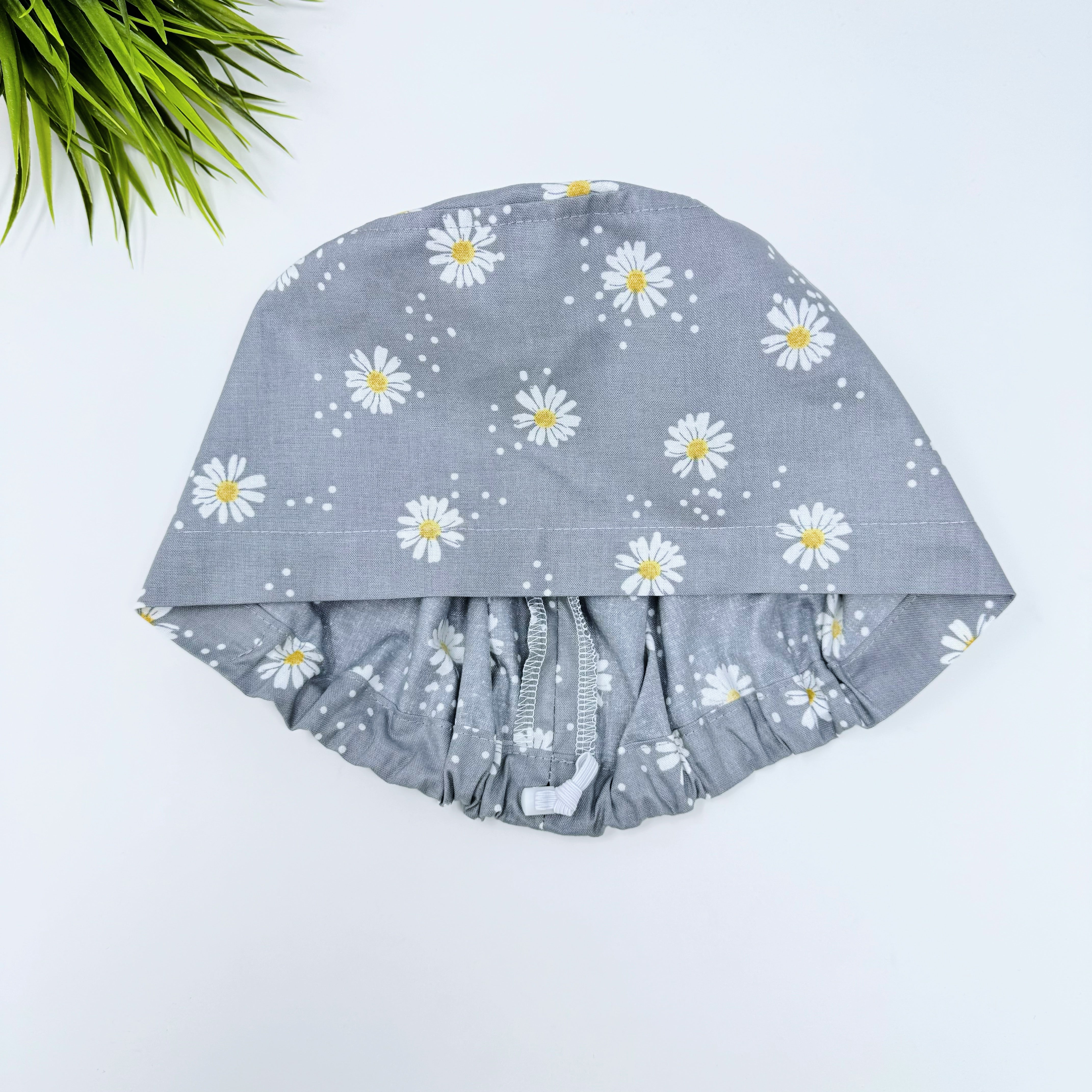 Gray Daisy Dots Euro Scrub Cap for Women with Satin Lined Option by Paradise Caps.