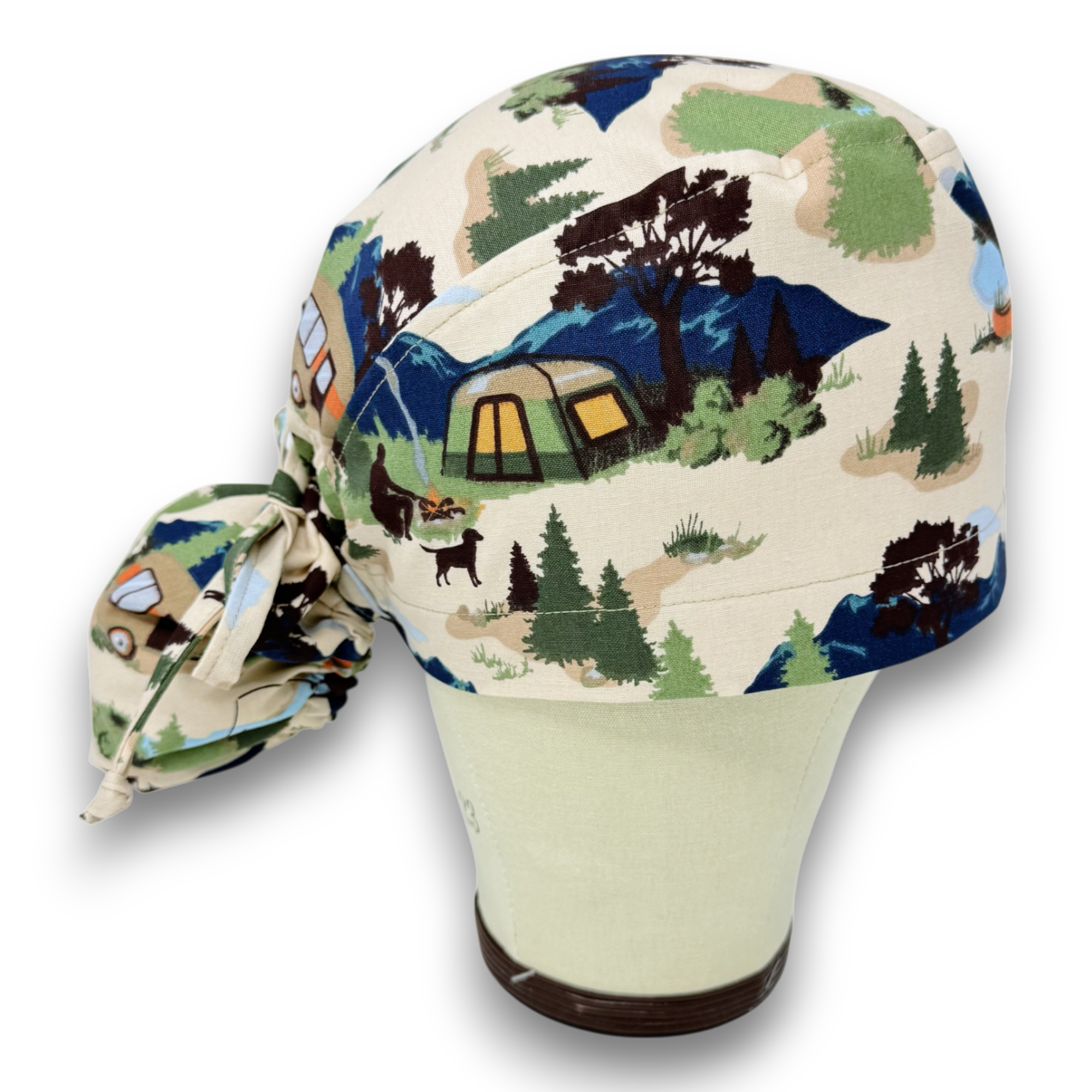 Camping Ponytail scrub cap for women with satin lined option by Paradise Caps.