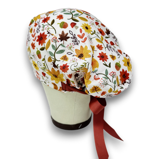 Fall flower Euro scrub cap with ties for Women, European Surgical cap with Satin Lined Option by Paradise Caps. Euro PLUS style.
