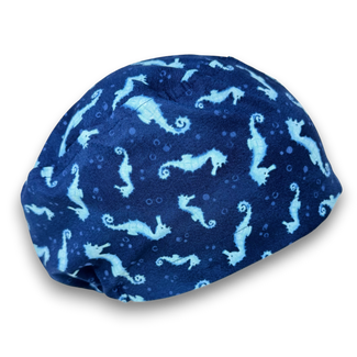 Euro scrub cap for women. Ocean Seahorse Print surgical hat with satin lined option by Paradise Caps.