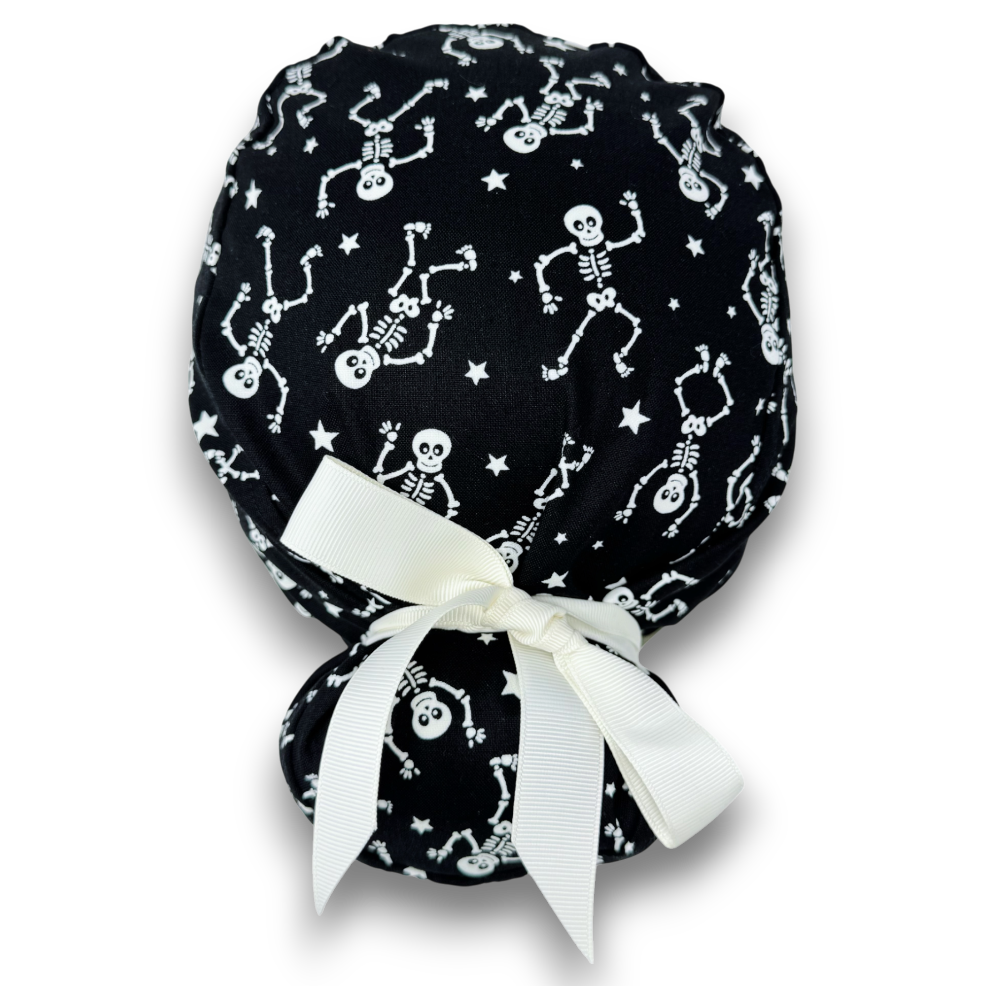 Glow Halloween Euro scrub cap with ties for Women, Skeleton European Surgical cap with Satin Lined Option by Paradise Caps. Euro PLUS style.
