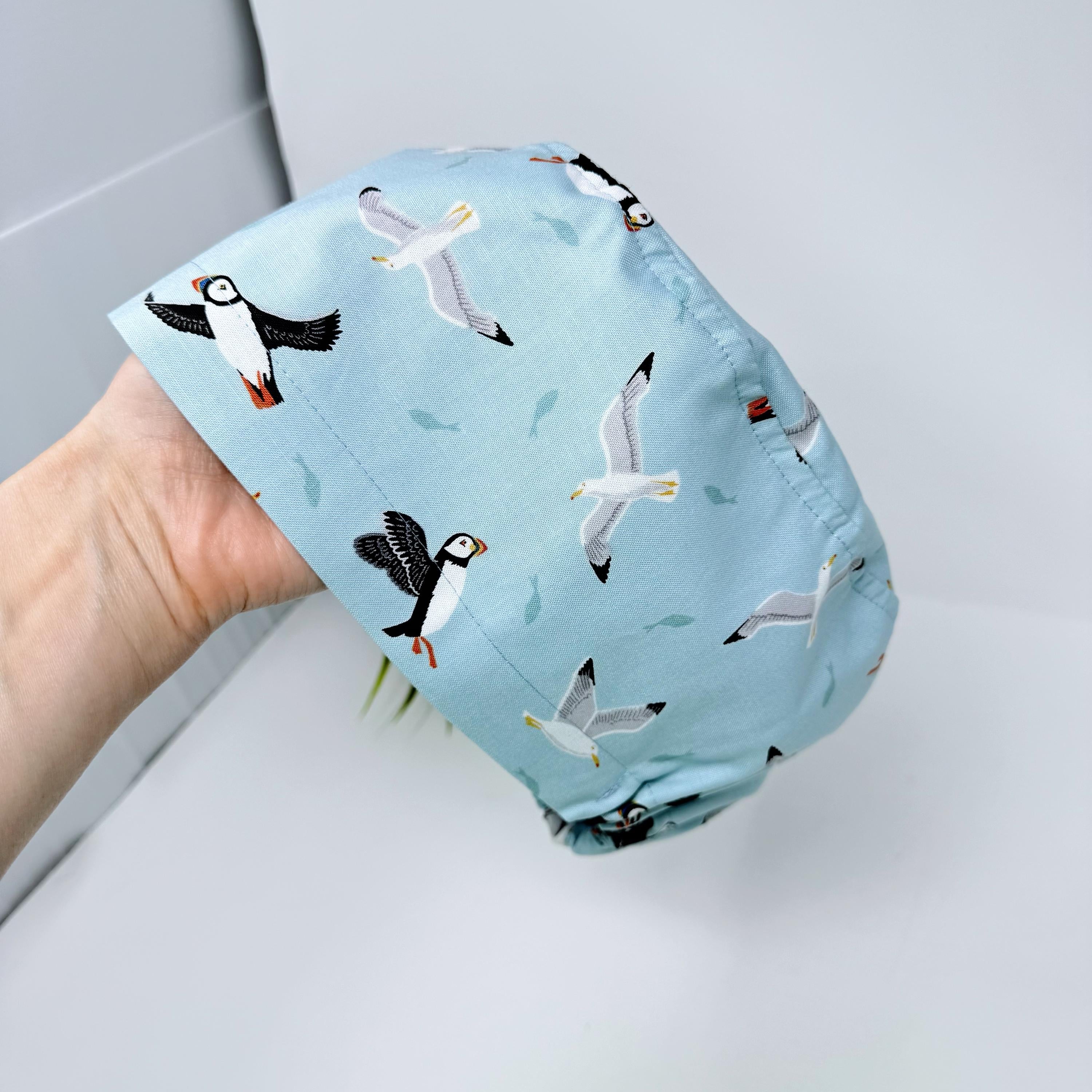 Puffin Euro scrub cap for women, Sea gull surgical cap with satin lined by Paradise Caps.