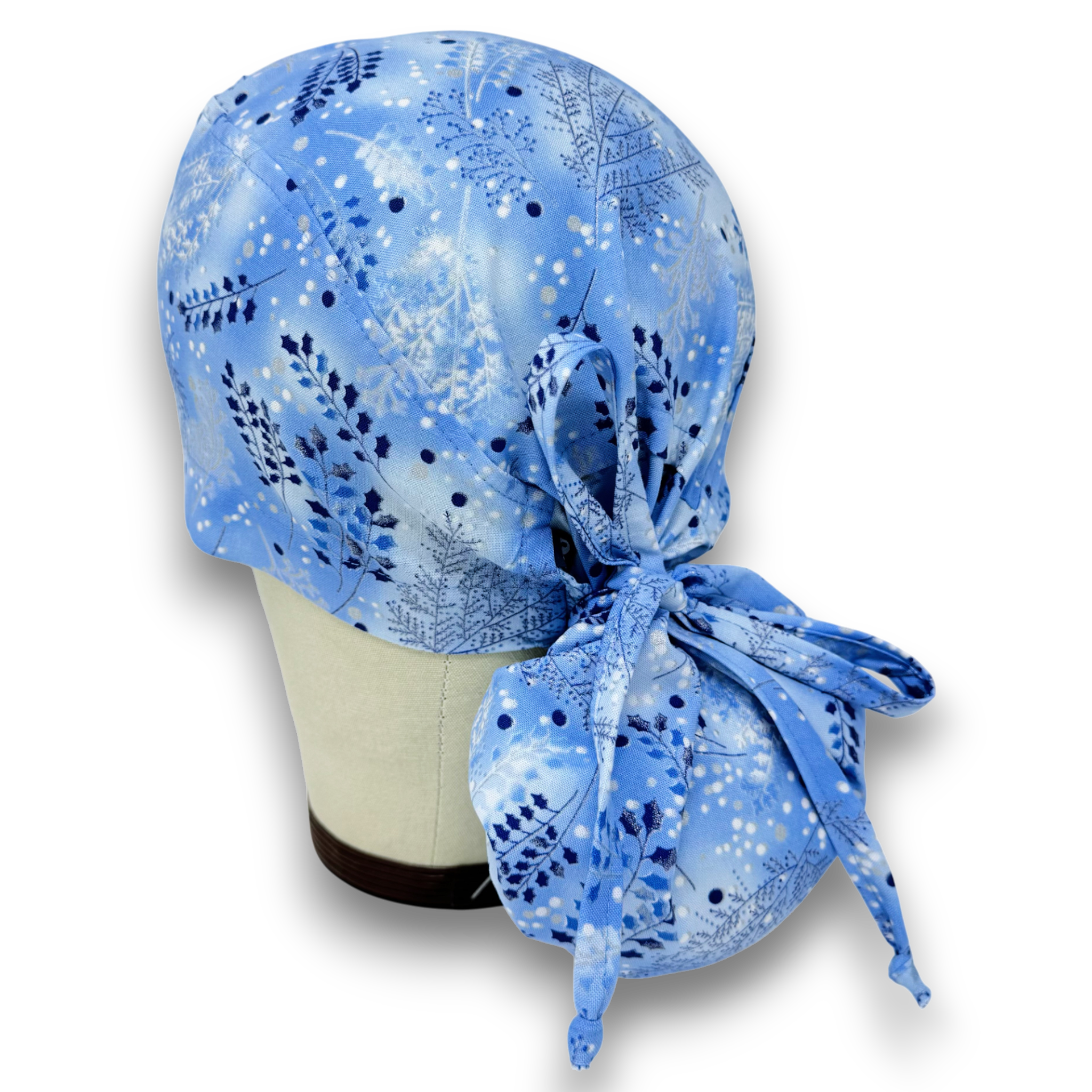 Snowy Forest Ponytail scrub cap with Satin Lined. Christmas scrub hats for women by Paradise Caps.