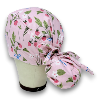 Spring Strawberries Ponytail scrub cap for women with satin lined option by Paradise Caps.