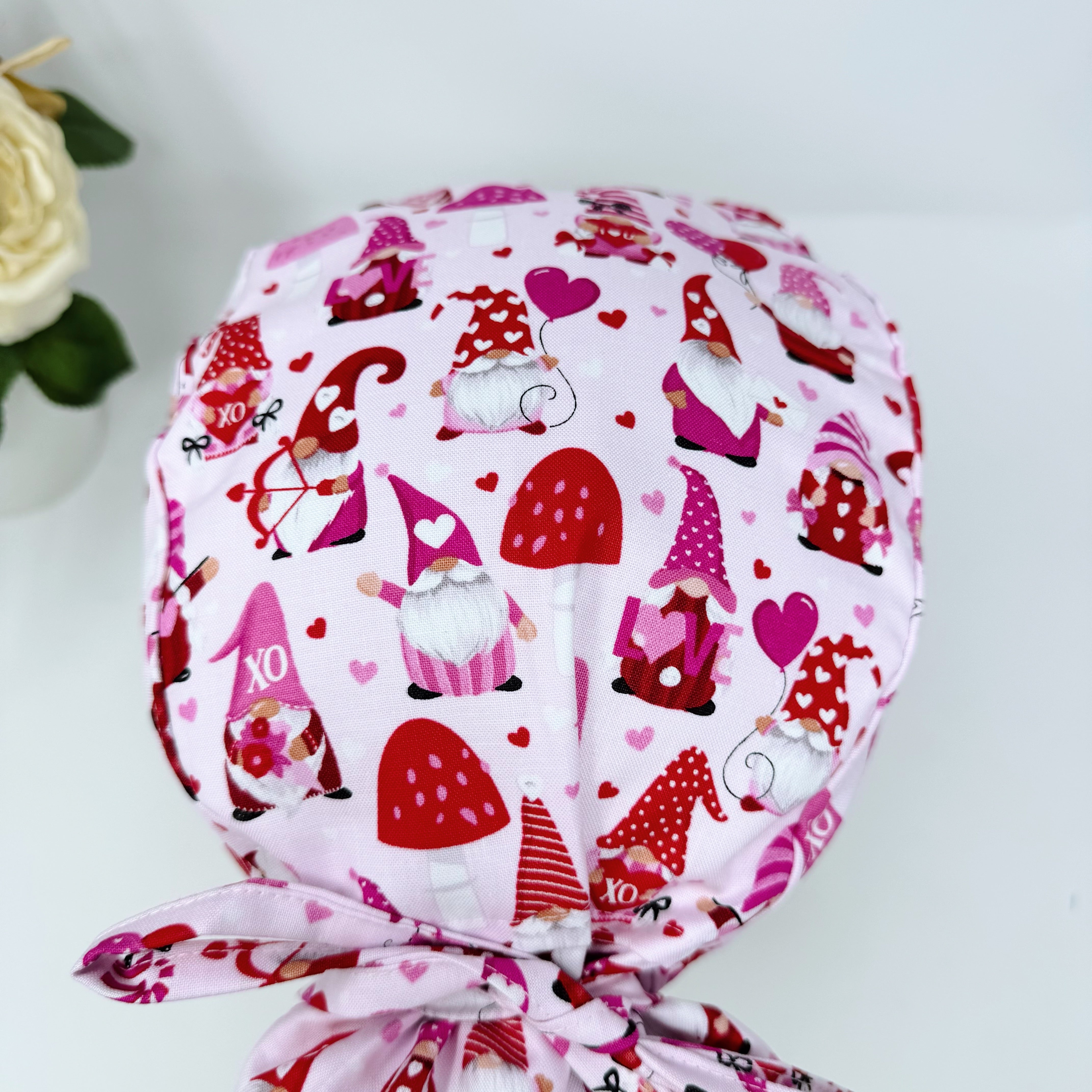 Valentine's day Ponytail scrub cap for women with satin lined option by Paradise Caps.