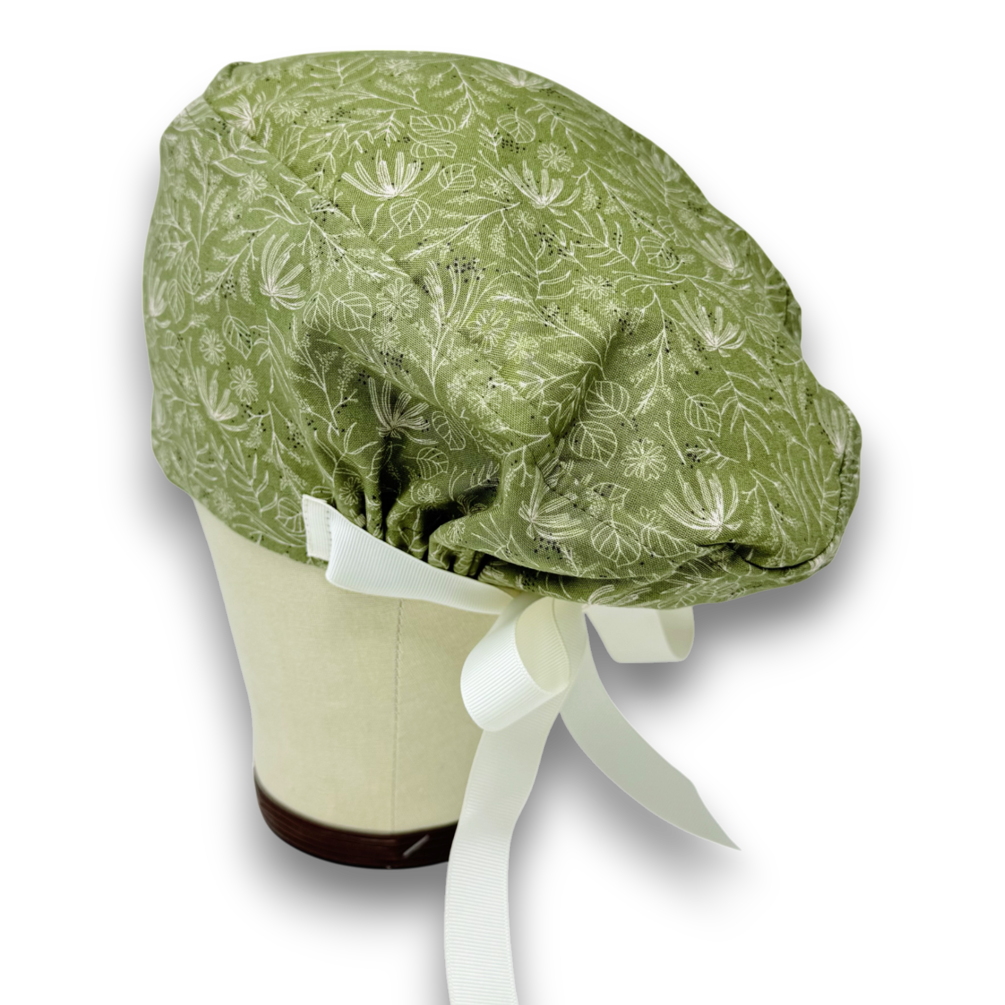 Green Floral Euro scrub cap with ties for Women by Paradise Caps. Euro PLUS style.