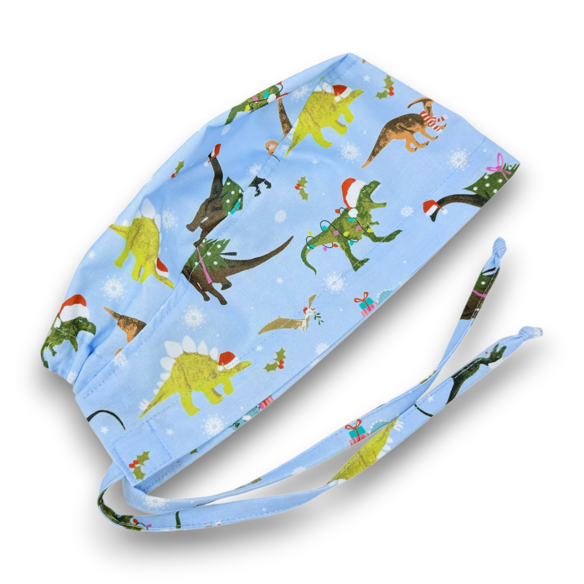 Christmas Dino Skull tie-back style surgical scrub cap by Paradise Caps.