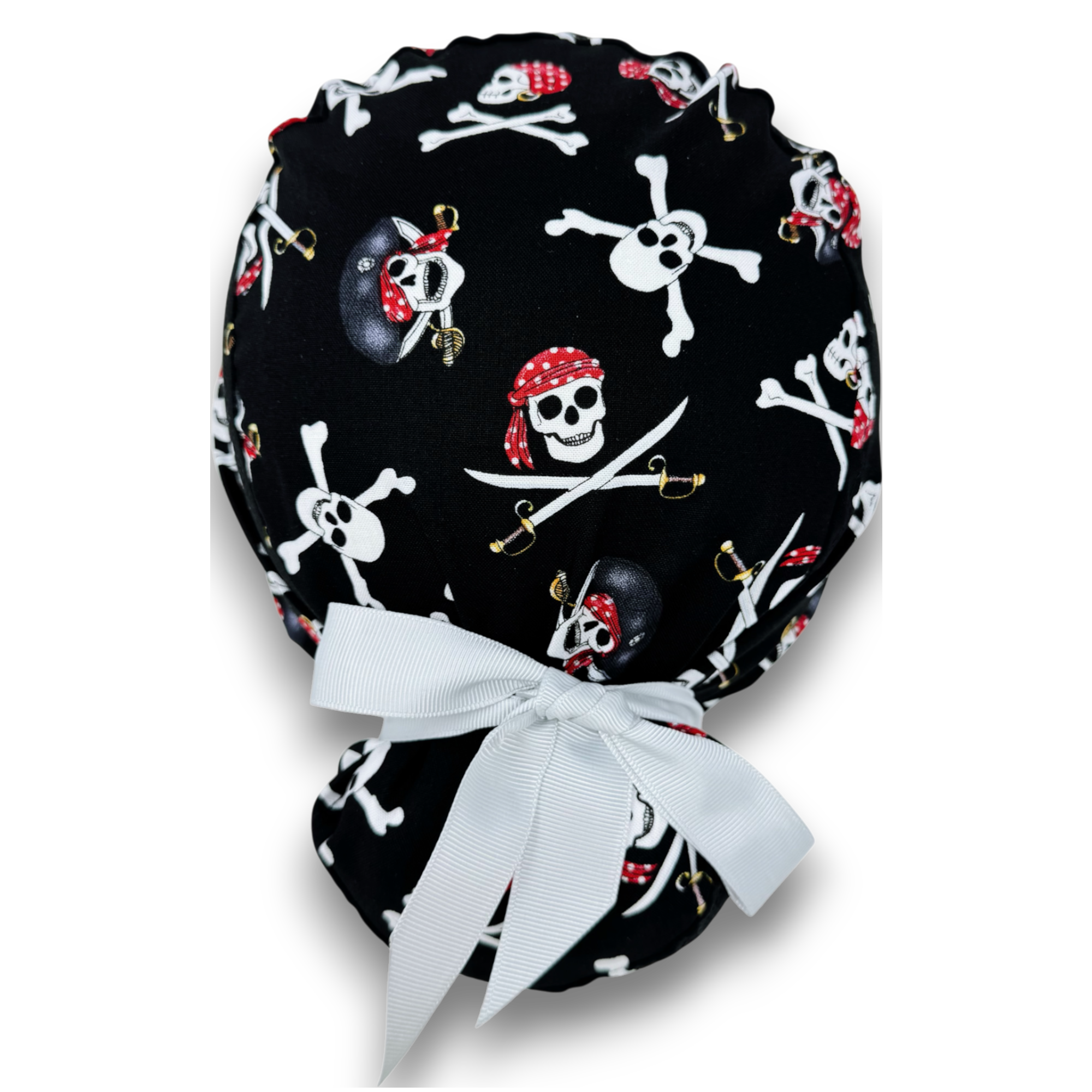 Halloween Euro scrub cap with ties for Women, Pirate European Surgical cap with Satin Lined Option by Paradise Caps. Euro PLUS style.