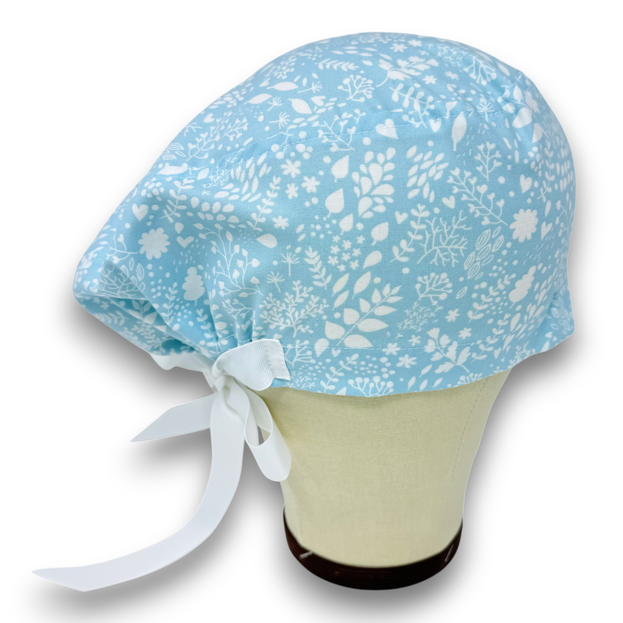 Light Blue Floral Euro scrub cap with ties for Women by Paradise Caps. Euro PLUS style.