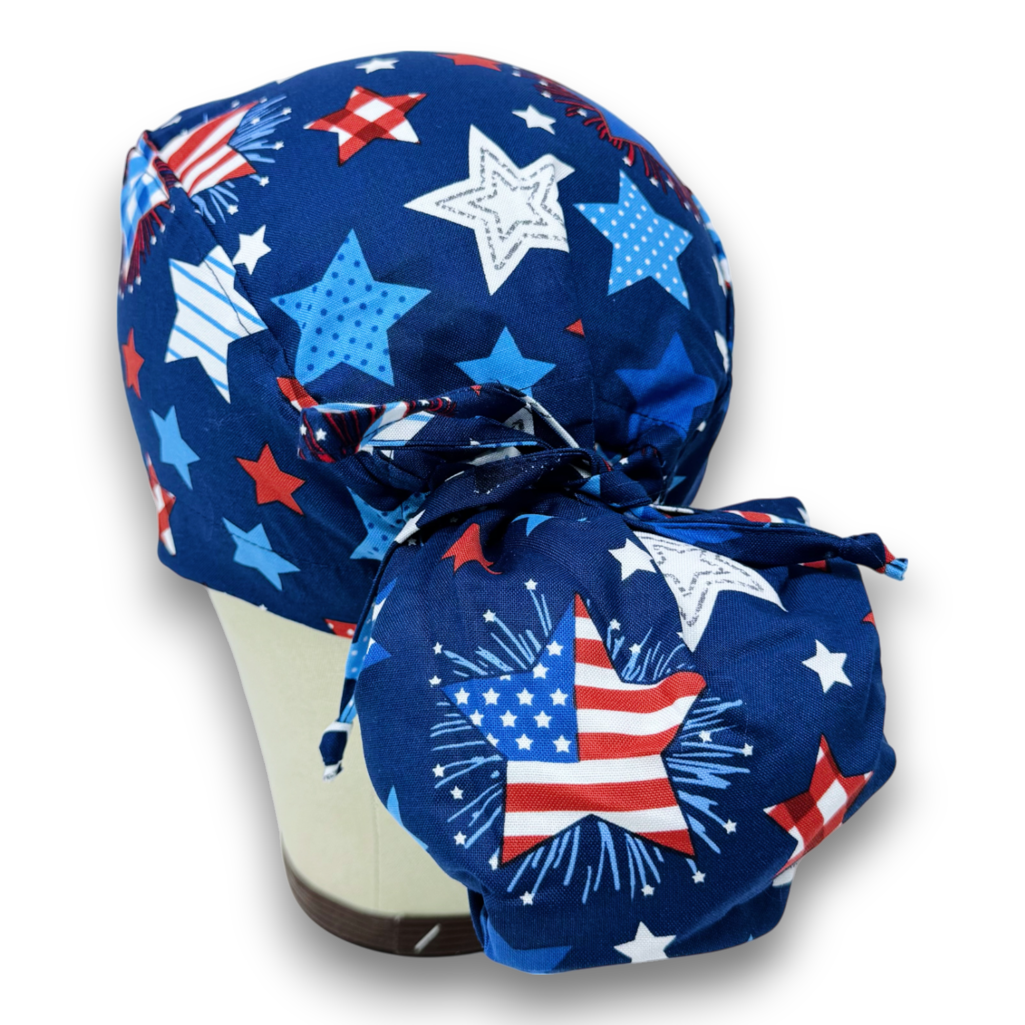 Patriotic ponytail scrub cap for women with Satin Lined option by Paradise Caps.