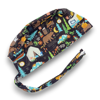 Camping Skull tie-back style surgical scrub cap for men by Paradise Caps.