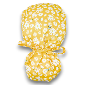 Yellow flowers Ponytail scrub cap for women with satin lined option by Paradise Caps.
