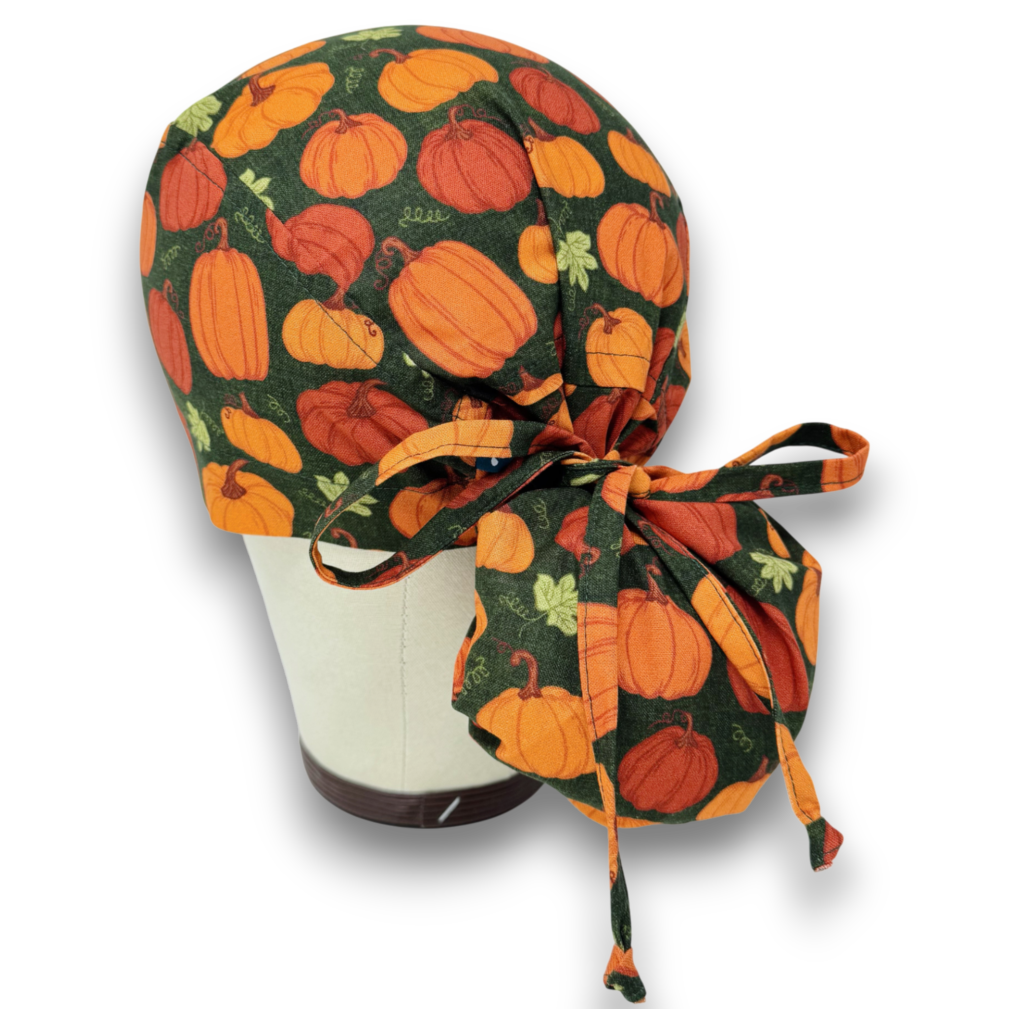 Dark Green Rustic Pumpkin Ponytail scrub cap for women with satin lined option by Paradise Caps.