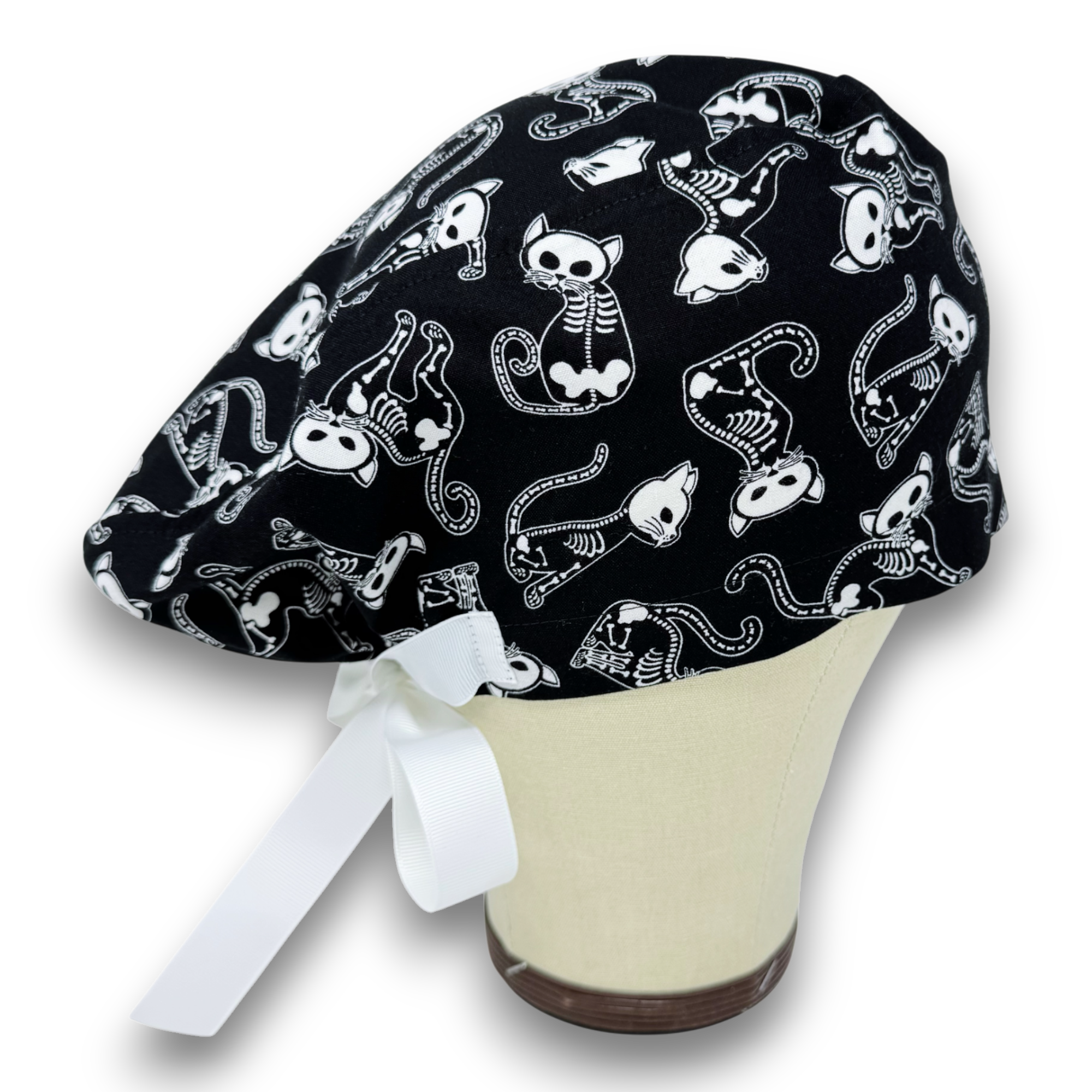 Skeleton Cats Euro scrub cap with ties for Women by Paradise Caps. Euro PLUS style.